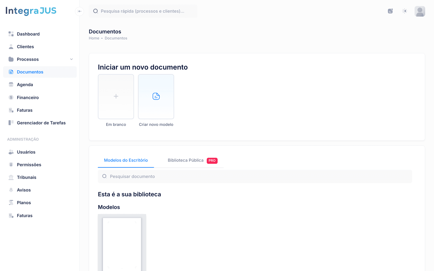 Biblioteca de modelos e editor de documentos jurídicos do IntegraJUS